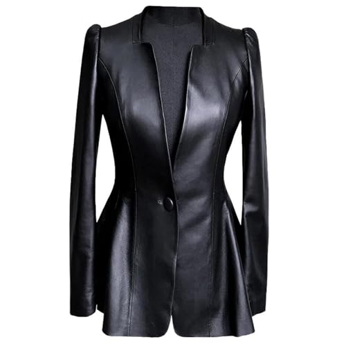 Women’s Slim Fit Soft Faux Leather Jacket Deep V Neck Long Puff Sleeve Elegant Skirted Blazer Outerwear Coat2