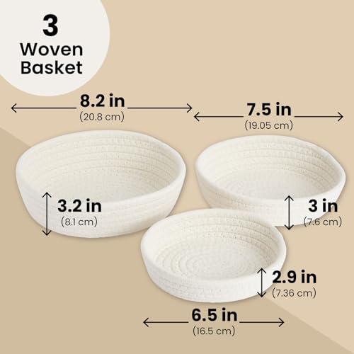 Juvale Small Round Cotton Rope Storage Baskets - Nesting Storage Bin Pack - Cotton Woven Basket for Home Organizing - White, Pack of 3, 6.5 x 2.9 in/7.5 x 3 in/8.2 x 3.2 in