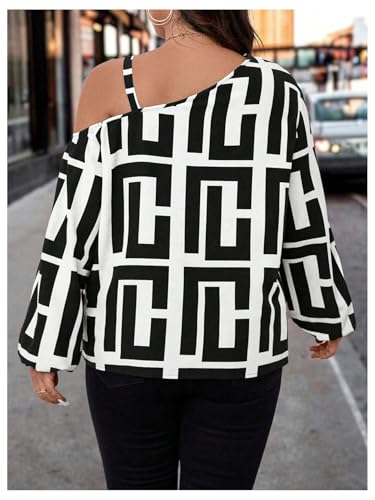 MakeMeChic Women's Plus Size Graphic Print One Shoulder Blouses Long Sleeve Party Fall Tops2