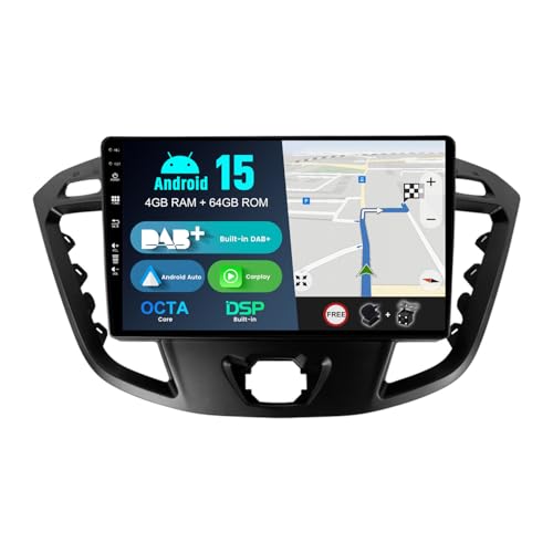 BXLIYER Radio samochodowe z systemem Android 14 IPS – [wbudowany DAB] – pasuje do Ford Tourneo Transit Custom (2013-2021) – bezprzewodowy Carplay/Android Auto – 4G + 64G – aparat + mikrofon – 9 cali 2