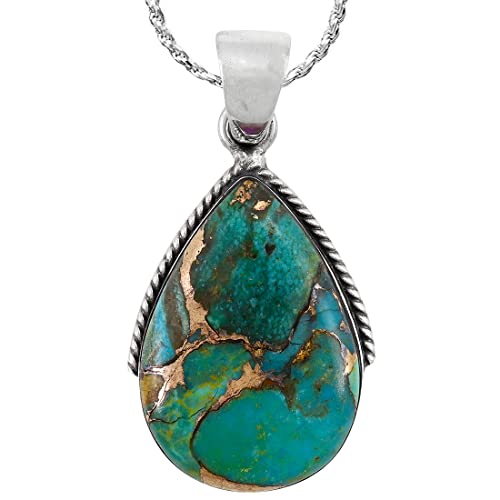 Turquoise Pendant Necklace 925 Sterling Silver Genuine Turquoise (With 20" Rope Chain) #TOP29