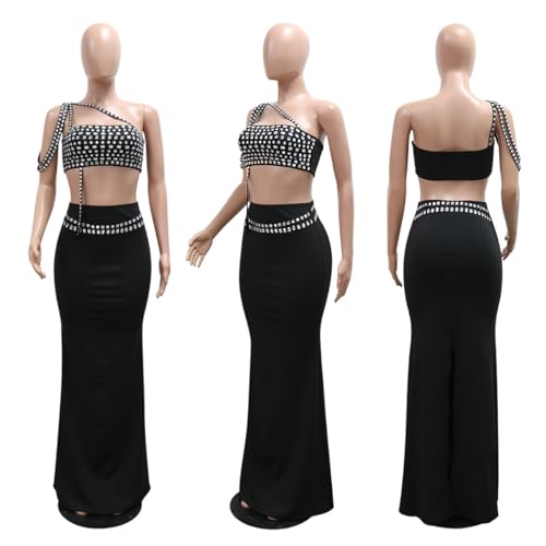 Image of WOKANSE Two Piece Dress Sets for Women Spaghetti Strap Sleeveless Rhinestone Tube Top Bodycon Long Maxi Skirt Set
