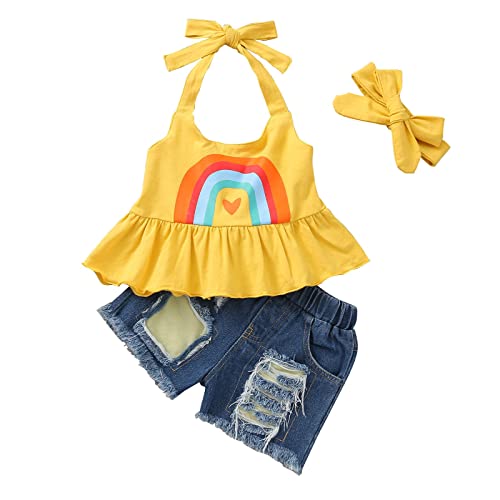 Infantil menina verão cor sólida estampa arco-íris suspensório de pescoço rasgado shorts jeans verão