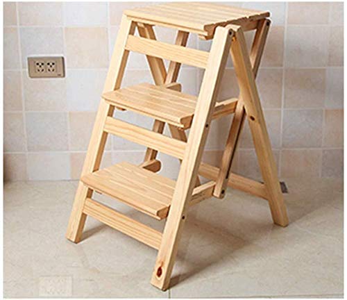 Escabeau pliant 3 marches en bois beige : tabouret d'échelle multifonctionnel pour la maison