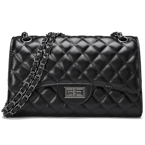 Image of Quilted Leather Crossbody Bags for Women Trendy Ladies Shoulder Purse Satchel HandBag with Chain Strap
