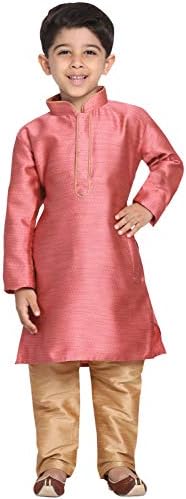 JBN Creation Boys' Full Sleeve Silk Blend Kurta Pyjama Set with Mandarin Collar, Featuring Ethnic Motifs, Self-Design, and Embellishments - Perfect for Festivals and Special Occasions