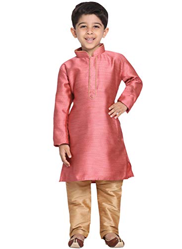 Image of JBN Creation Boys' Full Sleeve Silk Blend Kurta Pyjama Set with Mandarin Collar, Featuring Ethnic Motifs, Self-Design, and Embellishments - Perfect for Festivals and Special Occasions