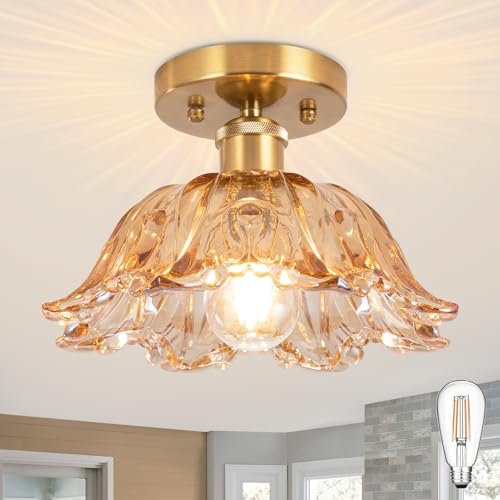Image of Semi Flush Mount Ceiling Light,Vintage Lights Fixture Ceiling E26 Base,Amber Shade Glass Hallway Light Fixture for Porch Kitchen Bedroom, Bulb Included