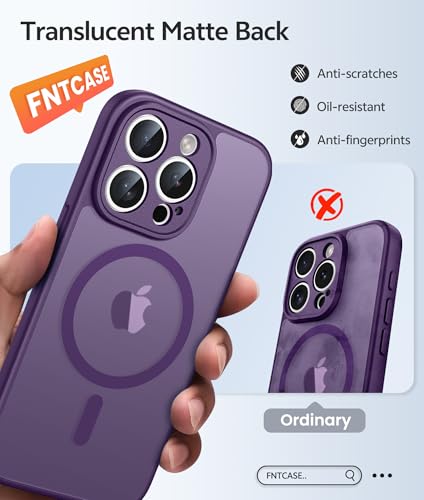 Image of FNTCASE for iPhone 15 Pro Max Case: [Compatible with Magsafe] Translucent Matte Cases with [Full Camera Protection] [Screen Protector] Military Grade Shockproof Protective Phone Cover - Purple