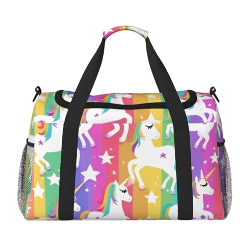 Unicorns On Stripes Print Foldable Carry On Tote Large Capacity Hand Carry Bag for Airplane Weekend Getaways