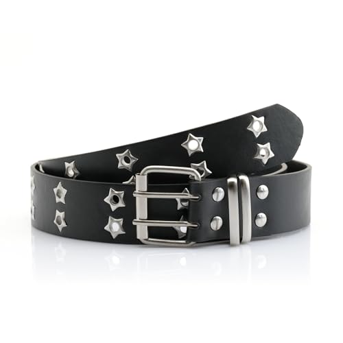 CRAFTMEMORE Star Studded PU Leather Belt, 43.3 inch Length, Double Prong Buckle SPB6