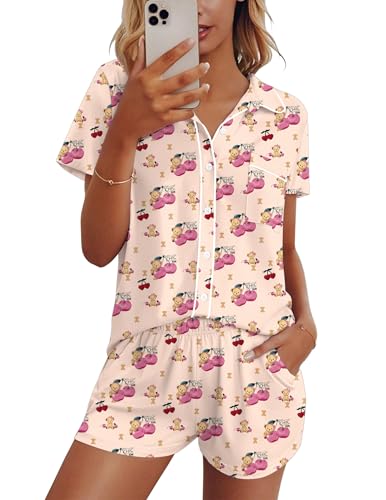 Image of Ekouaer Womens Pajama Sets Button Down Lounge Set 2 Piece Loungewear Soft Sleepwear Short Sleeve Pjs with Pockets