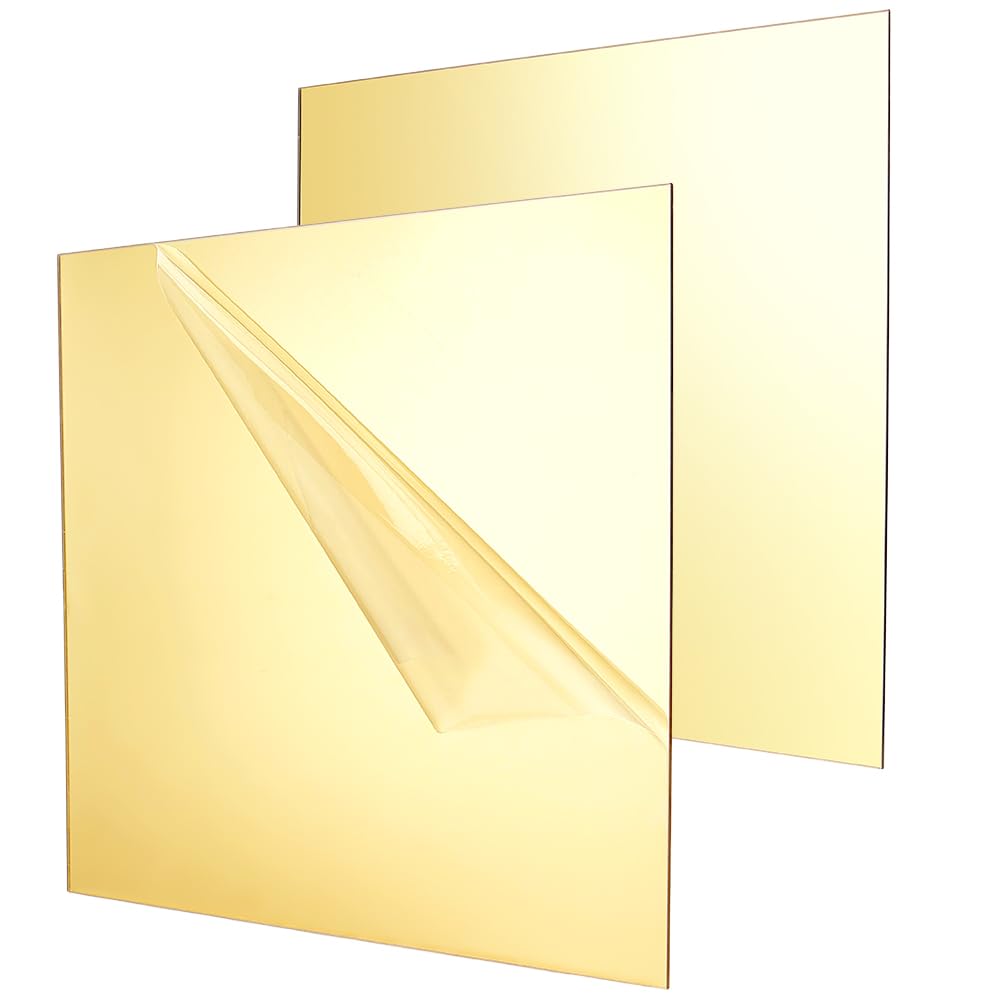 BENECREAT 2Pcs 30x30cm/12x12 Inch Acrylic Mirror Sheets, 1/8 Inch(3mm) Square Flexible Mirror Sheets with Film Attached for Engraving Wall Decor DIY Crafts, Gold