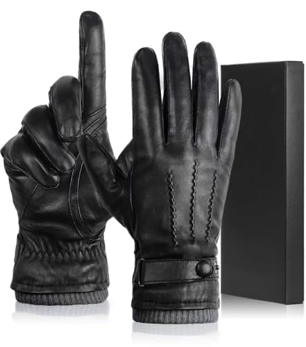 yafeite Winter Genuine Sheepskin Leather Gloves for Men, Warm Cashmere Lined Black Leather Gloves, Touchscreen Motorcycle Glove (Grey, Large)