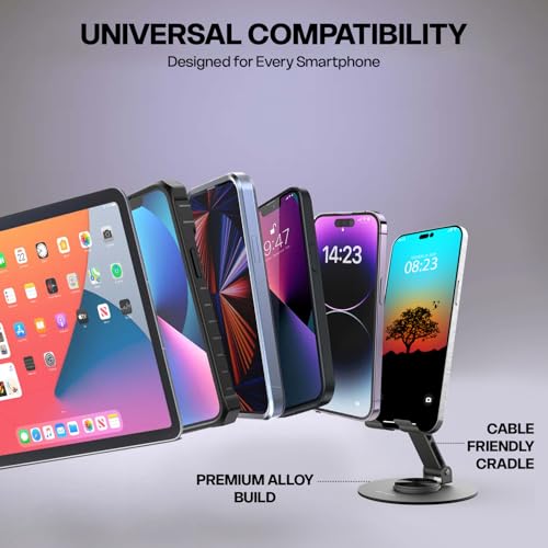 Image of Amkette Ergo 360 Alloy Mobile Stand for Desk, Foldable Design with Stable Rotational Metallic Round Base, Multiple Height & Angle adjustments for Smartphones, Tablets & iPad (Grey)