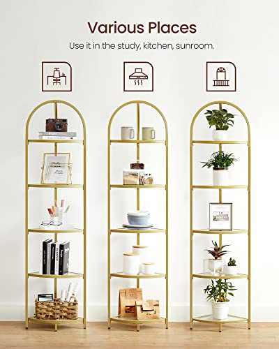 Vasagle Corner Shelf Stand, 5 Tier Corner Bookshelf, Tempered Glass Shelves, Modern Style, Plant Stand With Steel Frame For Living Room, Bedroom, Kitchen, Bathroom, Golden Color Ulgt810A01 #TOP3