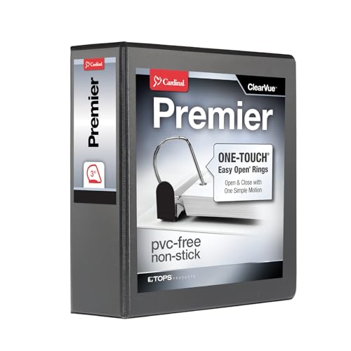 Cardinal 3 Ring Binder, Binders for School and Office, Durable 3 Inch Premier Easy Open Binder, ONE-Touch Slant-D Rings, 650-Sheet Capacity, ClearVue Cover, PVC-Free, Black (10331)