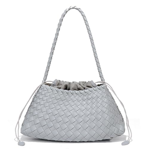 Rejolly Basket Woven Bag for Women Leather Shoulder Handbag Summer Vacation Chic Beach Tote Purse with Drawstring Pouch
