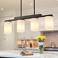 Mecgirn Farmhouse Dining Room Light Fixtures Over Table, Black Pendant Lights for Kitchen Island with Milk Glass Shade, 4 Light Linear Chandelier Lighting with Wood