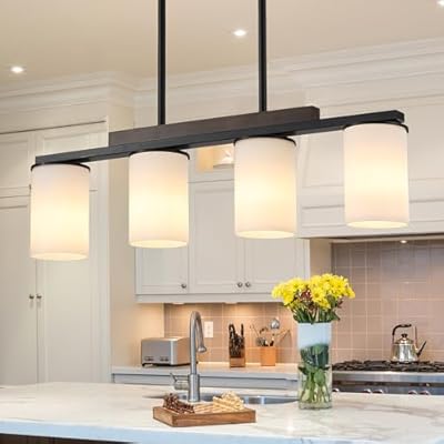 Mecgirn Farmhouse Dining Room Light Fixtures Over Table, Black Pendant Lights for Kitchen Island with Milk Glass Shade, 4 Light Linear Chandelier Lighting with Wood