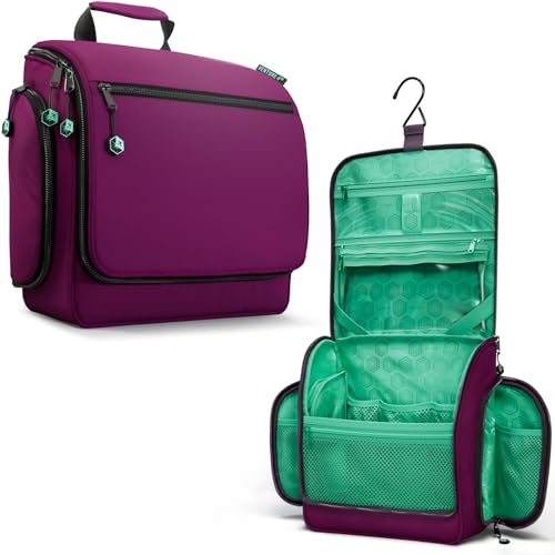 Image of VENTURE 4TH Hanging Travel Toiletry Bag, 18 Compartments - Purple /Mint | Hangs on rails, hooks or doors; stands upright. Removable TSA pouch. Water-resistant Nylon 290D Twill, reinforced stitching.