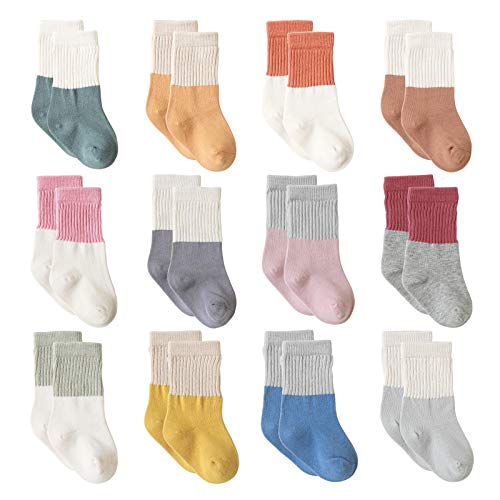 Baby Girl Boy Tube Crew Socks Toddler Kids Mid Calf Knee High Cotton Long Stocking Socks 12 Pack, Assorted Color, 1-3 Years
