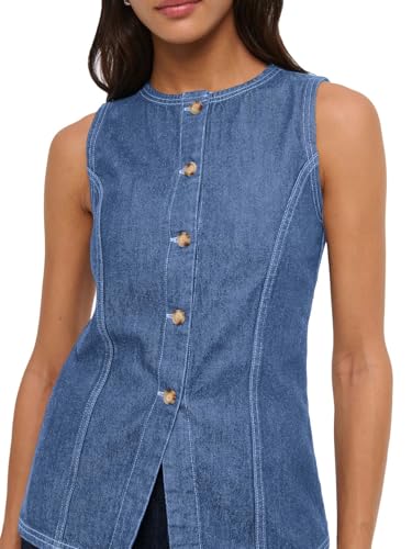 Mina Self 2025 Womens Button Down Denim Vest Tops Sleeveless Lightweight Crew Neck Casual Western Fashion Jean Jacket4