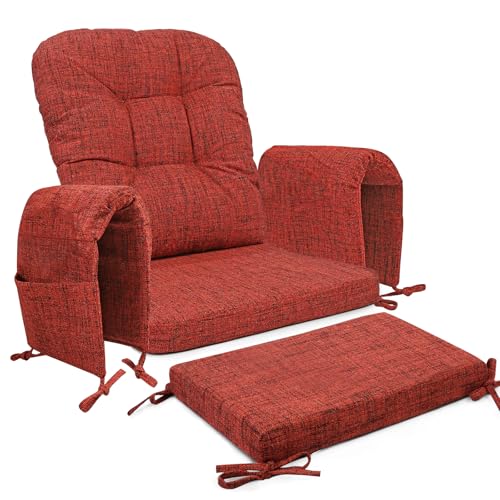SINOSSO Glider Rocker Cushion Set (5 Pcs), Soft Blended Fabric High-Density Support Foam Seat Cushions with Ties, Fits Rocking Chair/Nursery Glider & Ottoman, Red