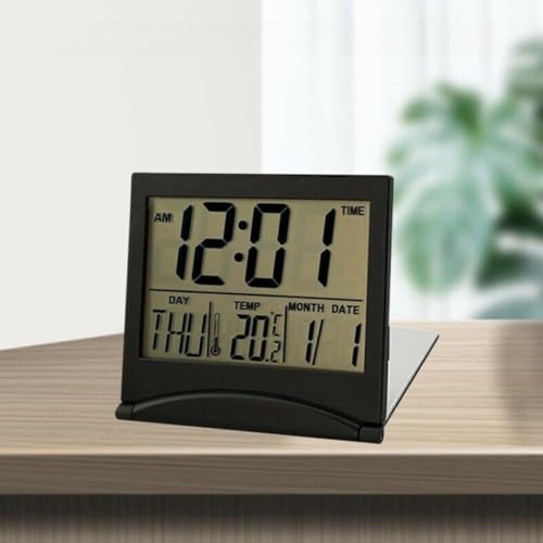 Kivivaka Sveglia digitale LCD pieghevole da viaggio con calendario e temperatura, visualizzazione dell'ora di 12 ore, funzione snooze, design compatto portatile per casa, ufficio, vacanze, colore nero