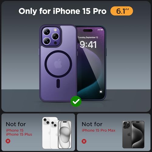 Image of Miracase Magnetic for iPhone 15 Pro Case 6.1 inch (Compatible with MagSafe)(with 2X Screen Protectors) Military-Grade Protection, Anti-Fingerprint Translucent Matte Phone Cover, Dark Purple