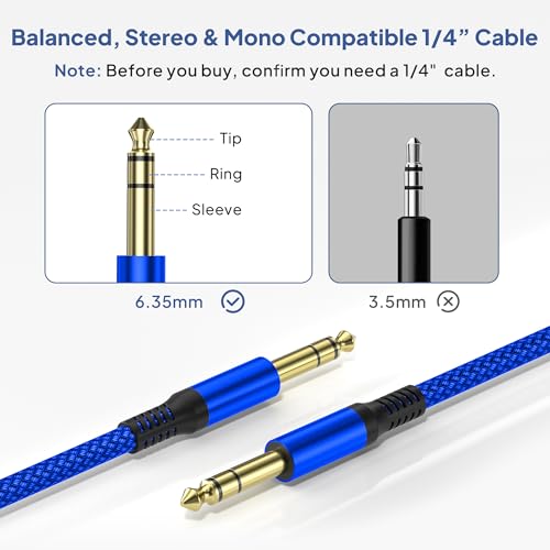 Image of Elebase 1 /4 Inch TRS Instrument Cable 20ft 2-Pack,Straight 6.35mm Male Jack Stereo Audio Interconnect Cord,6.35 mm Balanced Line for Electric Guitar,Bass,Keyboard,Mixer,Amplifier,Amp,Speaker,Equalizer