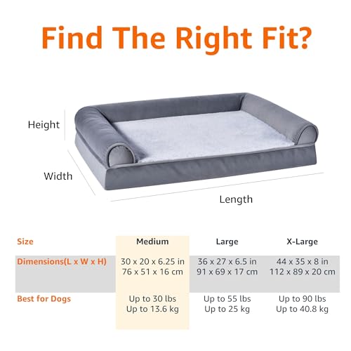 Image of Amazon Basics Living Room Couch Dog Bed with Premium Foam, Non-Slip Bottom, Removable Washable Cover, Supportive Pressure-Relief for Dogs up to 30lbs, Medium (30 inch x 20 inch), Grey
