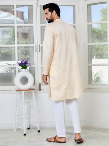 Image of See Designs Men's Full Sleeve Mandarin Collar Floral Embroidered Mandarin Collar Thread Work Straight Long Kurta with Pyjama - Festive Collection