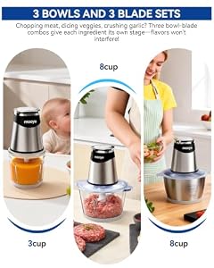 Mooye Food Processor Electric Food Chopper with Meat Grinder & Vegetable Chopper - 3 Bowls(8Cup+8Cup+3Cup) with Powerful Copper Motor - Includes 3 Sets of Bi-Level Blades for Fruits/Meat/Nuts — photo 2 of 6