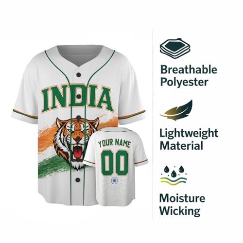 Custom India Baseball Jersey - Personalized Indian Pride Sport Shirts with Name Number, Softball Uniform Gifts Men Women miniatura 6