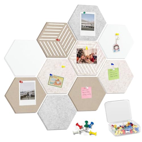 Image of Climberty 10Pcs Felt Bulletin Board Tiles with 50 Thumbtacks, Hexagon Vision Board Wall Decor, Self-Adhesive Photo Pin Board Panels for Notes, Office & Home DIY Display