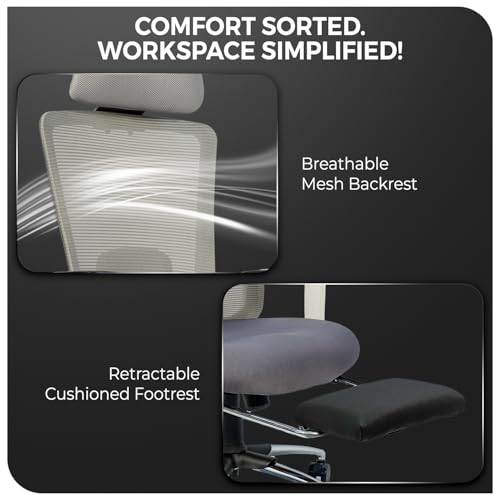Image of CELLBELL Ergoglide FT Ergonomic Mesh Office Chair with Footrest Fixed Headrest Lumbar Armrests Synchro Tilt 3 Lock Class 3 Hydraulic Chrome Base 60mm Wheels High Back Work Chair (Grey)