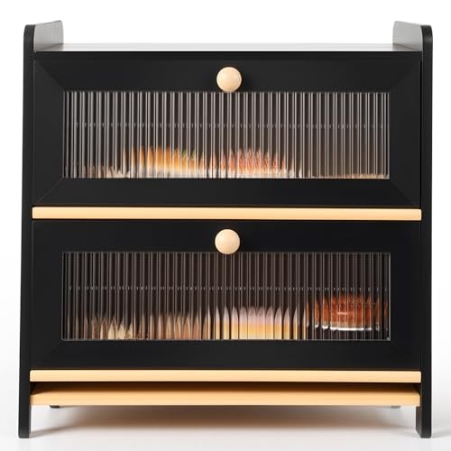 HAUSPROFI Two-Layer Bamboo Bread Bin, Spacious Storage Box with Striped Window Door, Handle and Cutting Board for Kitchen Countertop (Black)