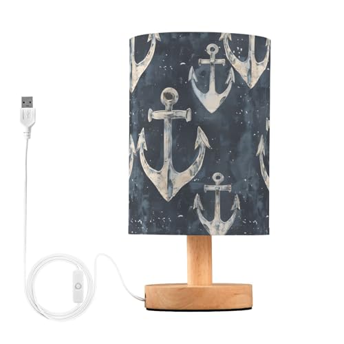 Mnsruu Lámpara de mesa de noche con anclajes, patrón náutico del océano, lámparas de mesita de noche, luz LED, lámpara de escritorio, pantalla de tela, lámpara pequeña para dormitorio, sala de estar