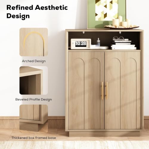 Image of Shoe Cabinet with Arched Doors, 43 inch Tall Large Hidden Shoe Storage Cabinet with Adjustable Shelves, 5-Tier Mid Century Modern Shoe Rack Organizer for Entryway Hallway Living Room, Oak