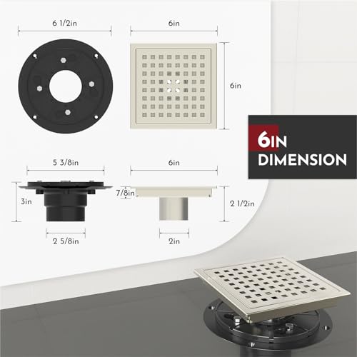 WEBANG 6 Inch Square Shower Floor Drain with Flange,Quadrato Pattern Grate Removable,Food-Grade SUS 304 Stainless Steel,Watermark&CUPC Certified,Brushed Nickel - Image 3