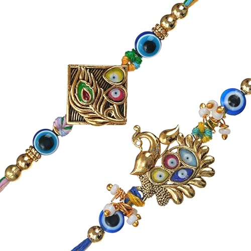 Image of eCraftIndia Peacock Feather Evil Eye Rakhi Set of 2 | Rakhi for Brother Bhaiya Bhai with Best Bro Ever Fridge Magnet | Roli Chawal Pack