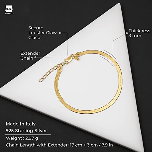 Image of Amberta Women 925 Sterling Silver Flat Snake Bracelet: 3 mm Gold Plated Herringbone Bracelet 20 cm