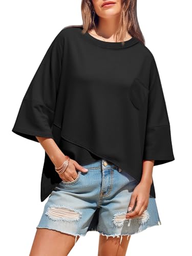 Tankaneo Womens Oversized Tshirts 3/4 Sleeve Casual Crewneck Fall T-Shirts Asymmetrical Hem Loose Fit Tunic Tops