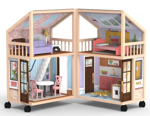 KidKraft So Darling Wooden Dollhouse on Wheels, Open & Close with 29 Accessories