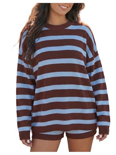 SOLY HUX Womens Striped Knit Sweaters Crew Neck Long Sleeve Oversized Casual Pullover Tops Blue Brown Multi Medium