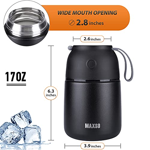 Image of MAXSO Soup Thermo for Hot & Cold Food for Adults Kids, 17 oz Vacuum Insulated Steel Lunch Container Bento Box with Spoon, Leakproof Thermal Food Jar for School Office Travel - Black