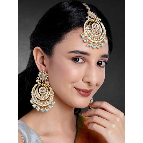 Image of Peora Traditional Jewellery Rhodium Kundan & Pearl Maang Tikka Earring Set for Women Girls