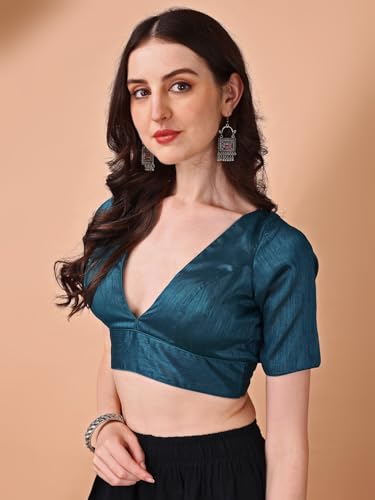 Image of Womanista Women's Dupion Silk Half Sleeve Solid V Neck Readymade Saree Blouse Stylish