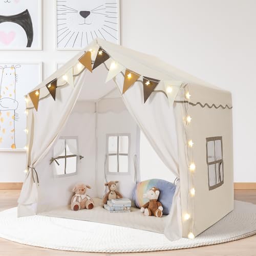 Tienda Infantil, Tienda Campaña Infantil con Alfombra y Luces, Tienda Infantil para Interior, Cabaña Infantil 136x95x133 cm, Tienda de Juegos, Casitas Infantiles, Tienda de Campaña, Beige Blanco